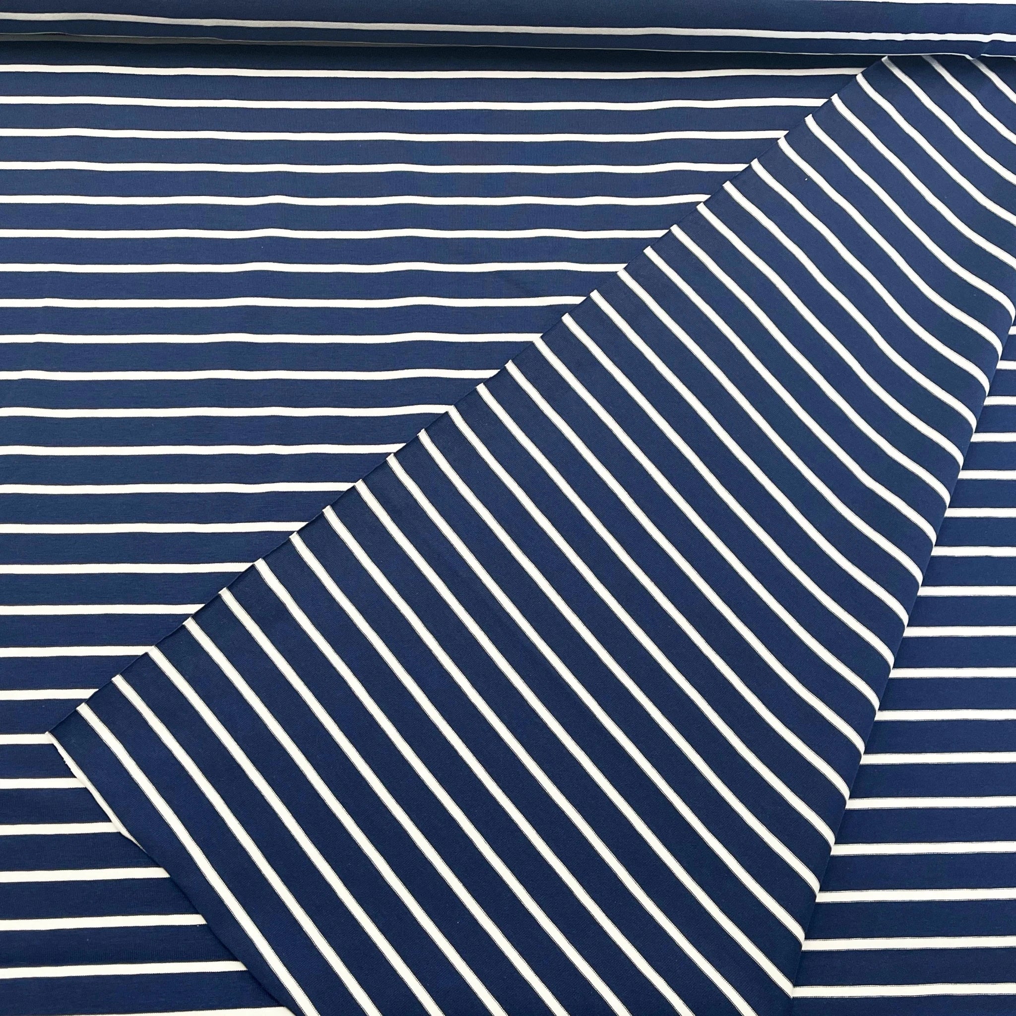 Tissu Jersey Coton ligné marin bleu