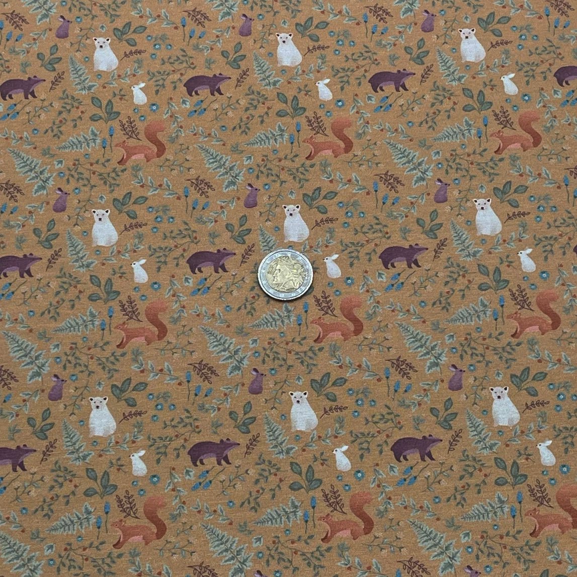 Tissu Jersey de Coton animaux de la forêt avec fond Ocre