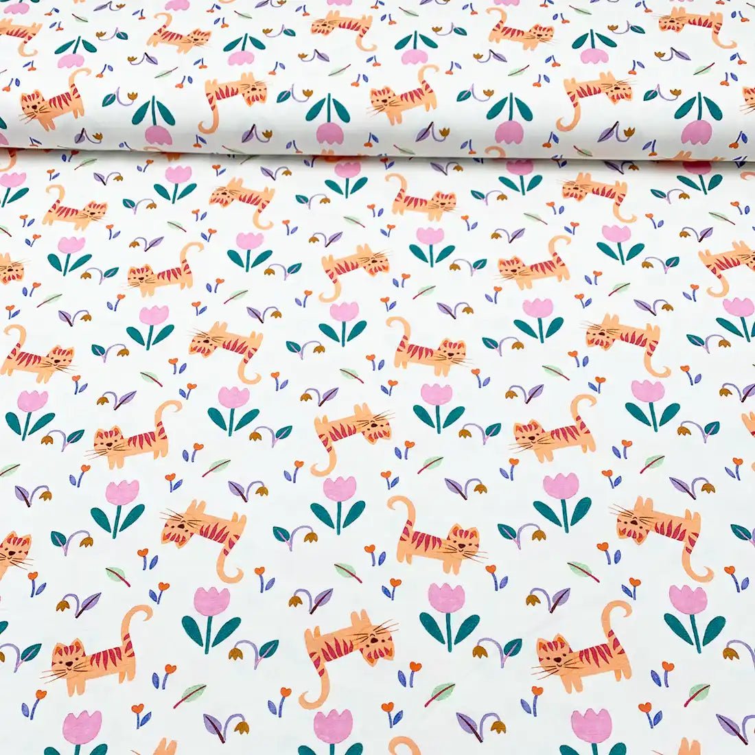 Tissu Jersey de Coton Chats et Fleurs