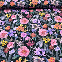 Tissu jersey de coton "Fleurs romantique " violet & rose sur fond noir