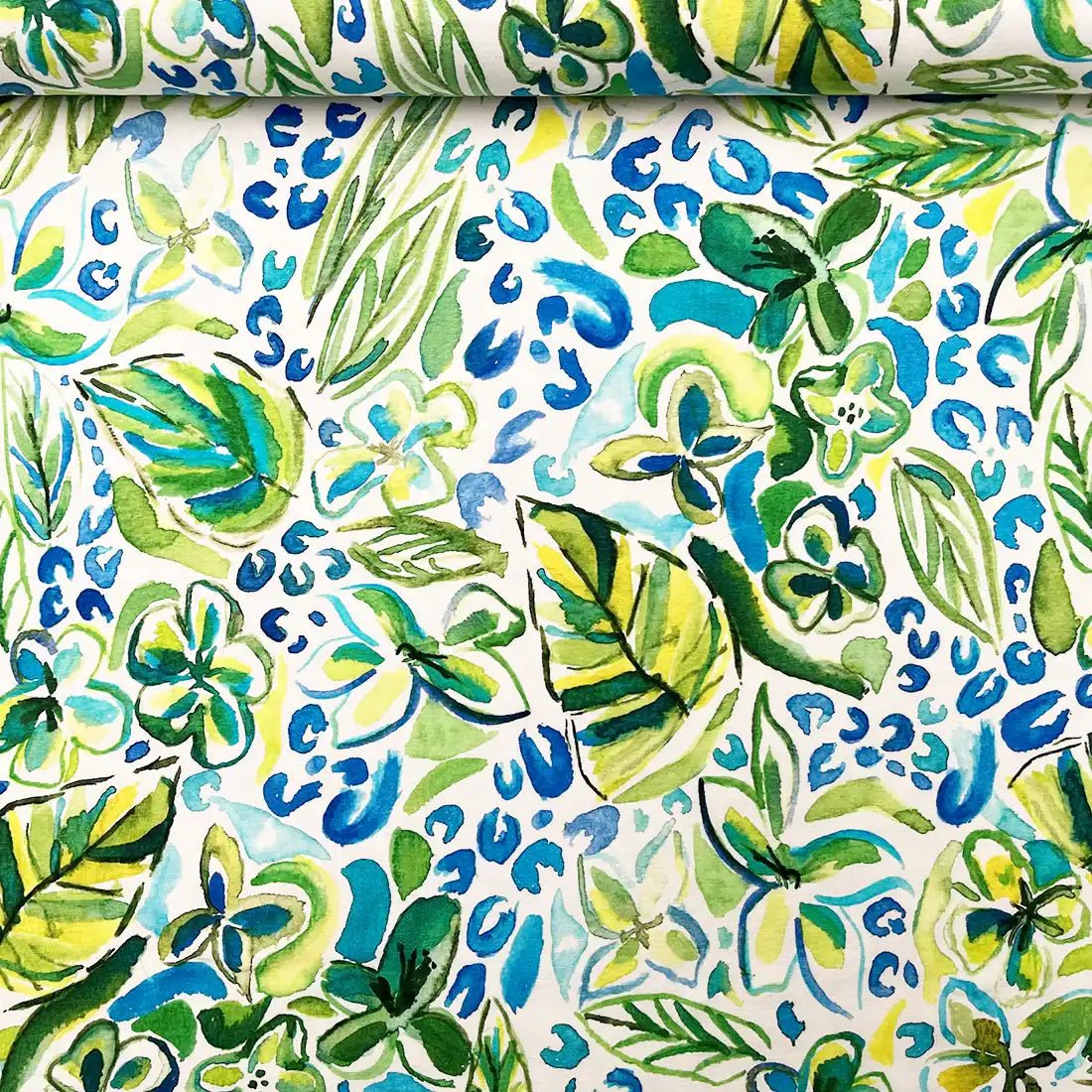 Tissu jersey floral vert et bleu