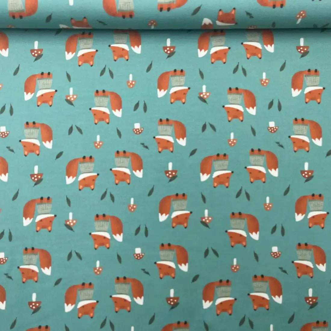 Tissu jersey imprimé renards – vert canard et orange