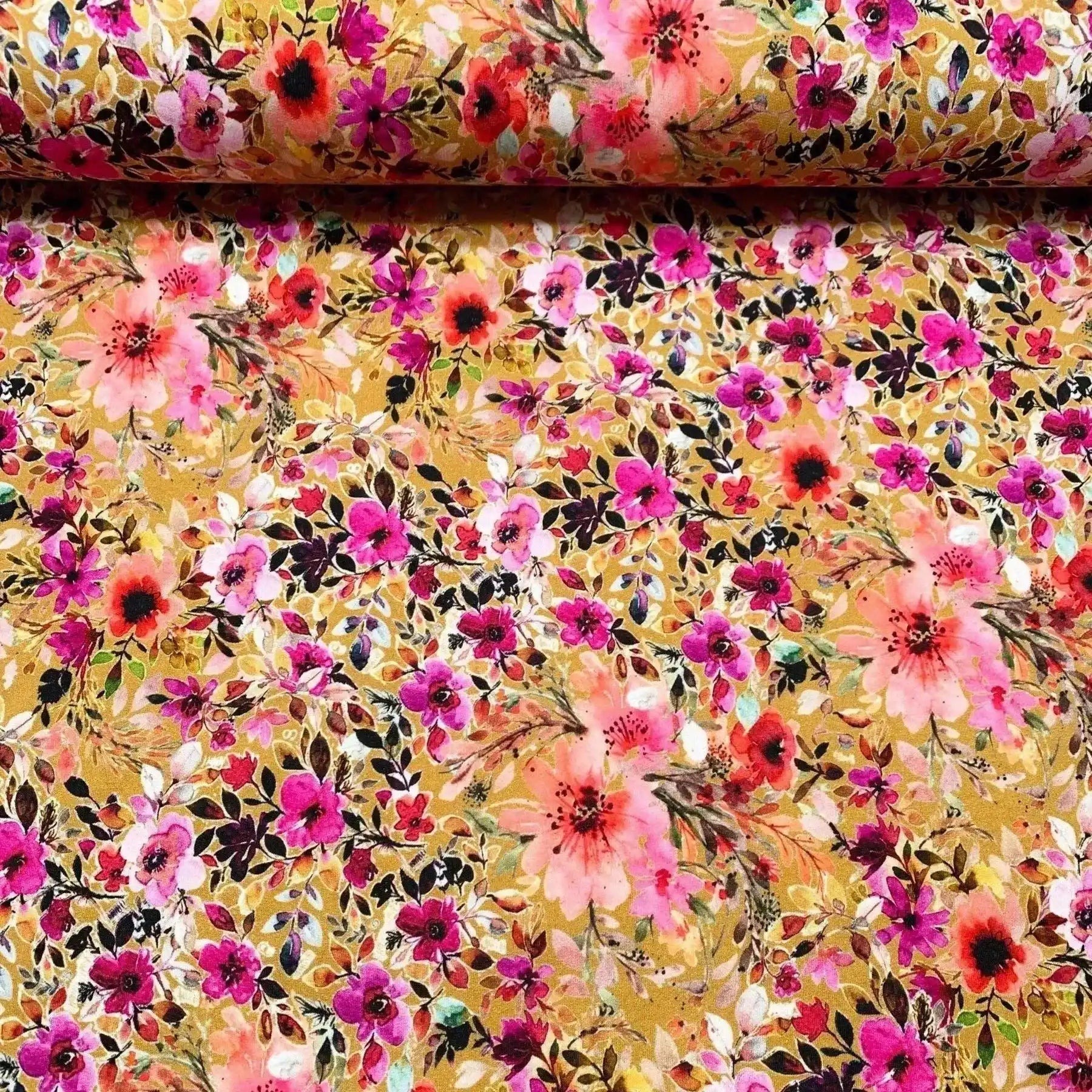 Tissu jersey molletonné fleurs fond ocre