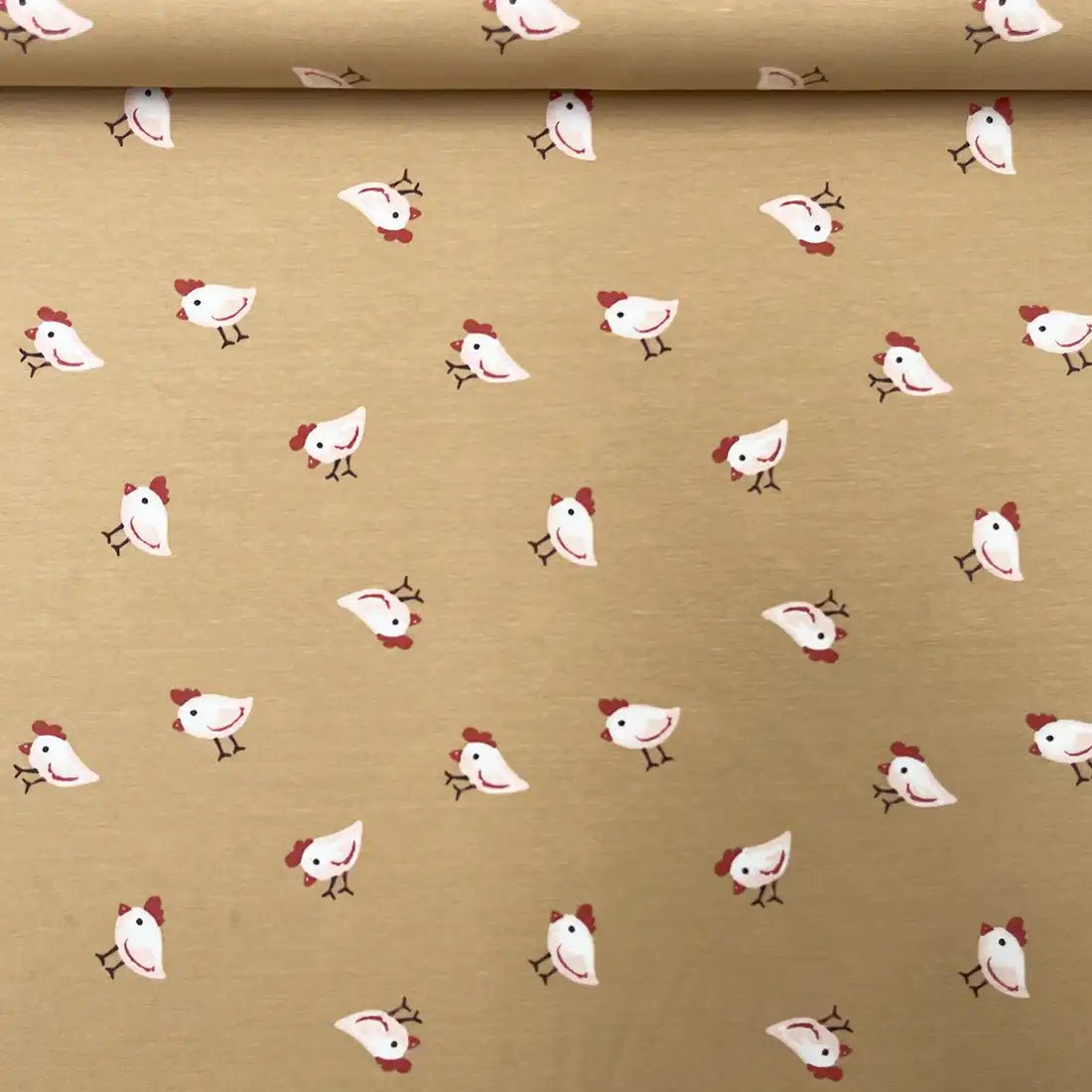 Tissu Jersey Poulettes Ludiques sur Fond Taupe