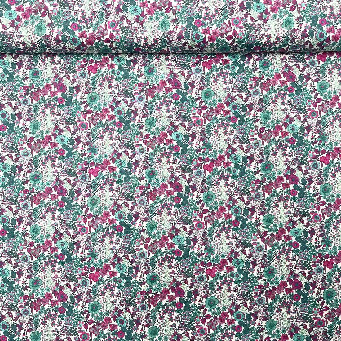 Tissu Liberty Coton – Motif Floral Violet, Fuchsia et Vert