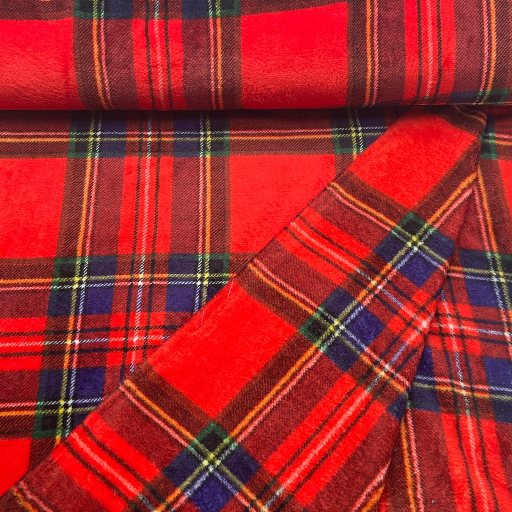 Tissu minky tartan rouge et bleu