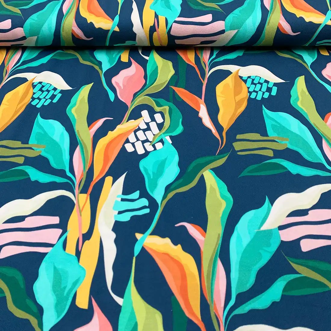 Tissu Piqué de Coton Bleu Marine Imprimé Feuille