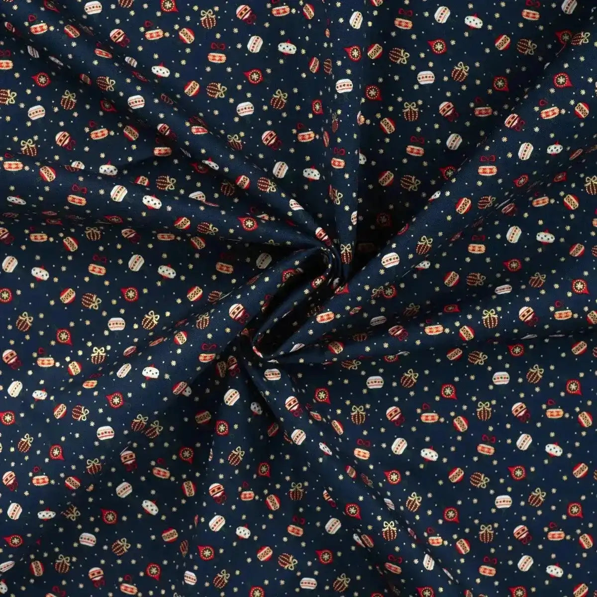 Tissu Popeline de Coton Bleu Marine Ornement de Noël avec Dorure