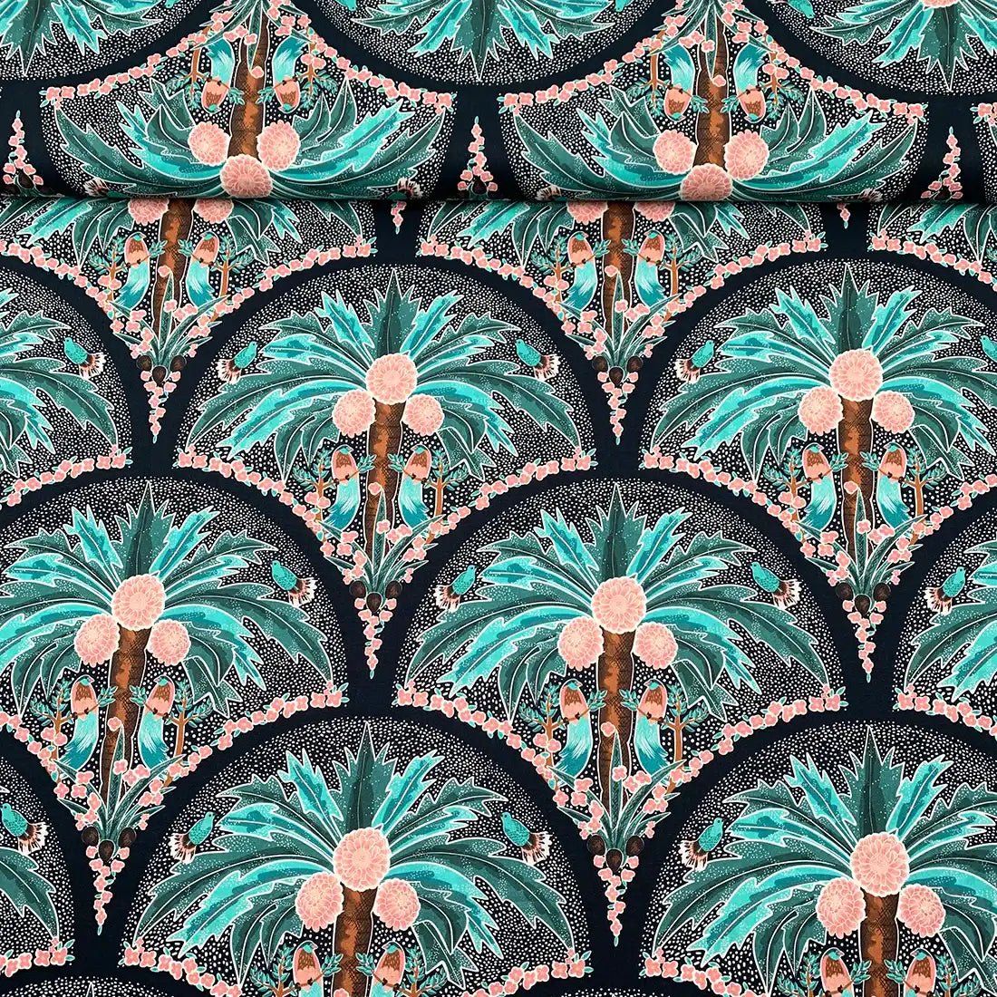 Tissu Popeline de Coton Cocotiers et Oiseaux