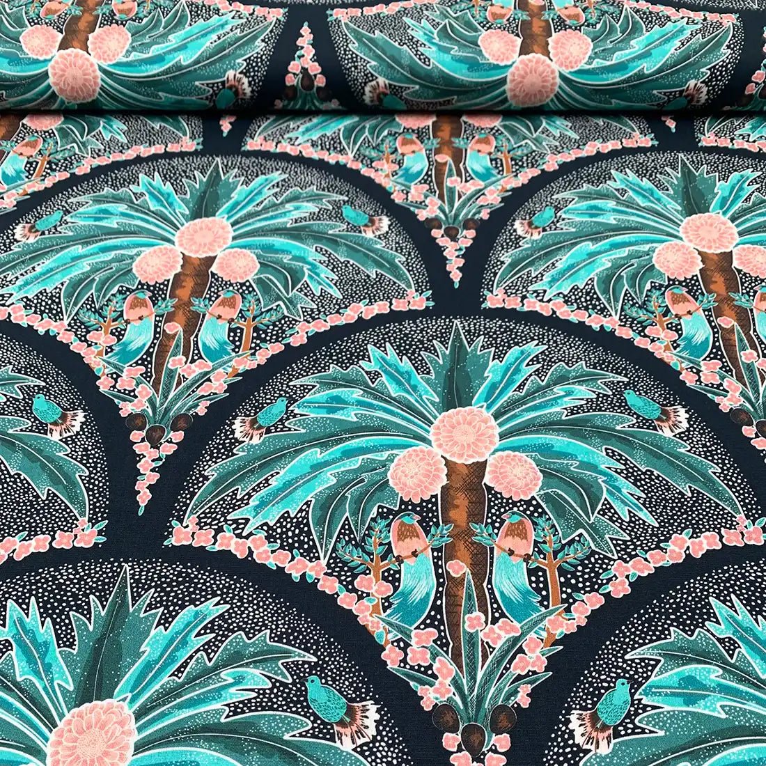 Tissu Popeline de Coton Cocotiers et Oiseaux