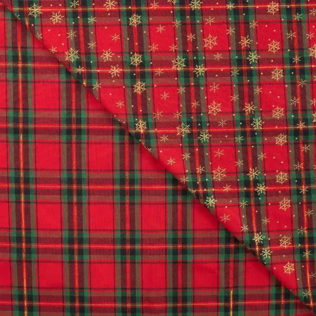 Tissu Popeline de Coton Tartan Rouge avec des Flocons Dorés de Noël