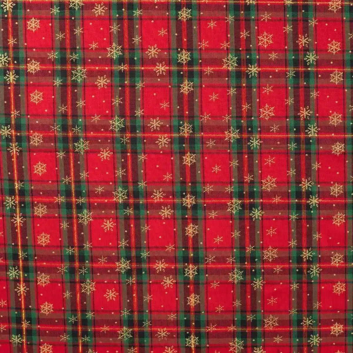 Tissu Popeline de Coton Tartan Rouge avec des Flocons Dorés de Noël