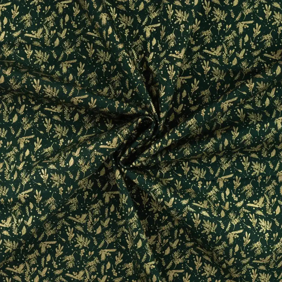 Tissu Popeline de Coton vert Noël avec des Feuilles de Gui Dorées