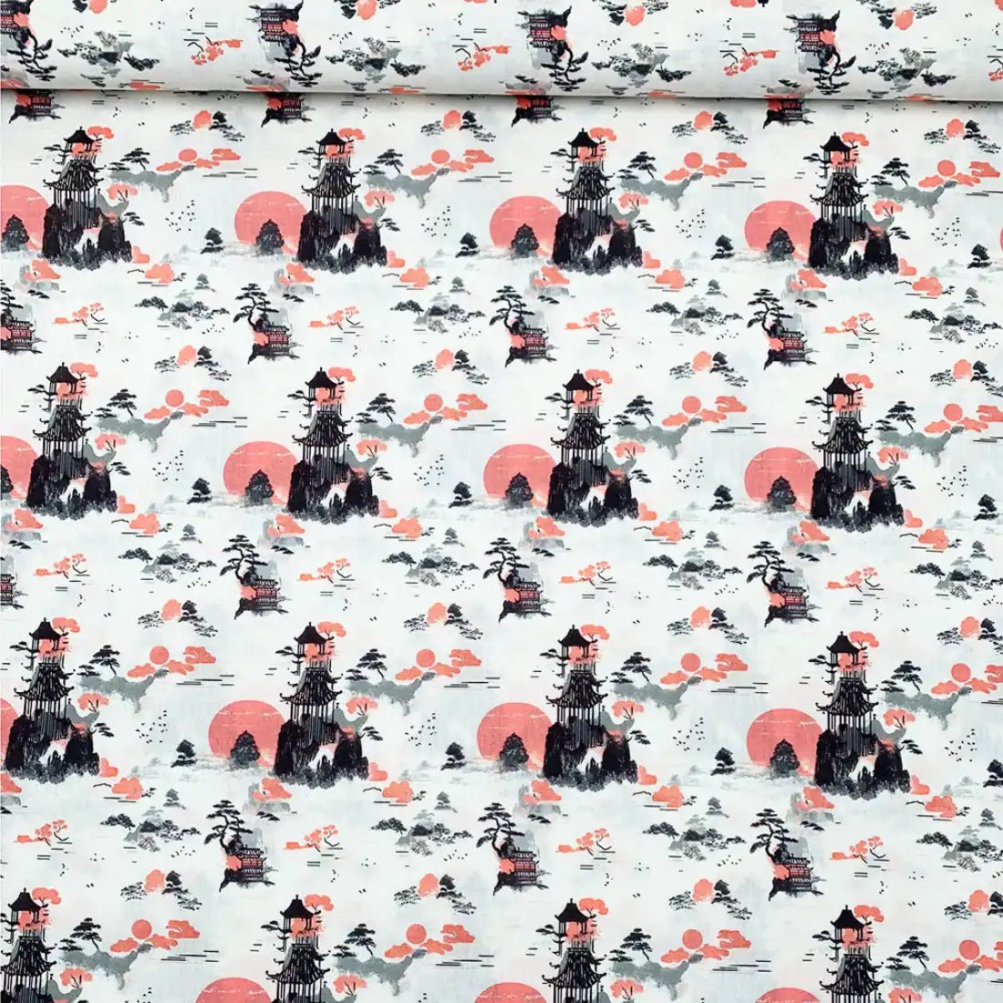 Tissu Popeline Japonais Pagode et Soleil Couchant