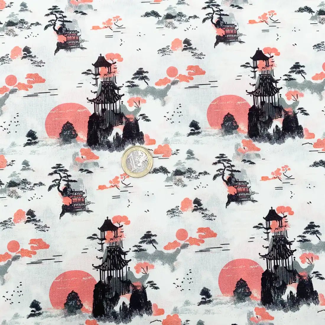 Tissu Popeline Japonais Pagode et Soleil Couchant
