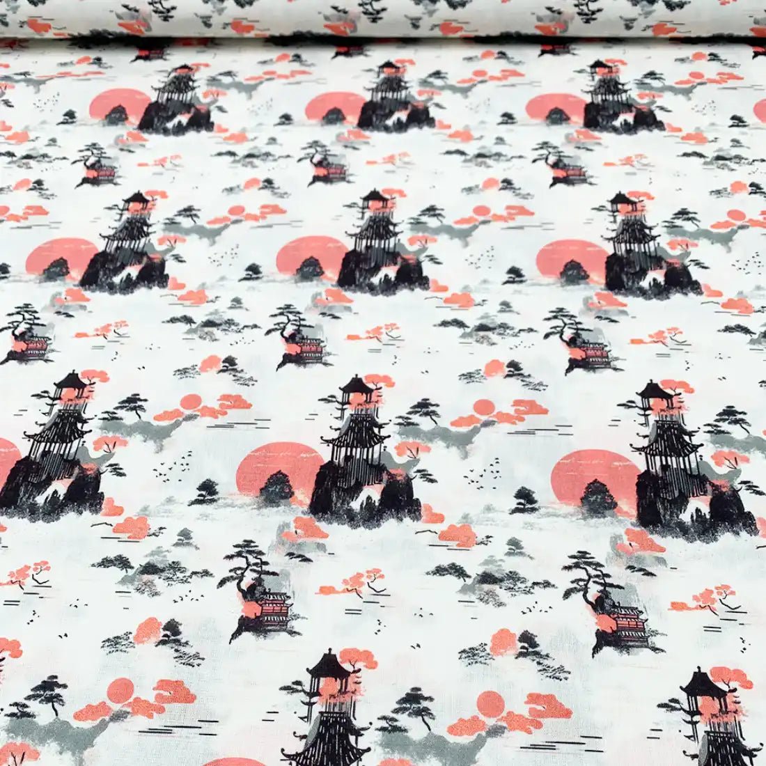 Tissu Popeline Japonais Pagode et Soleil Couchant