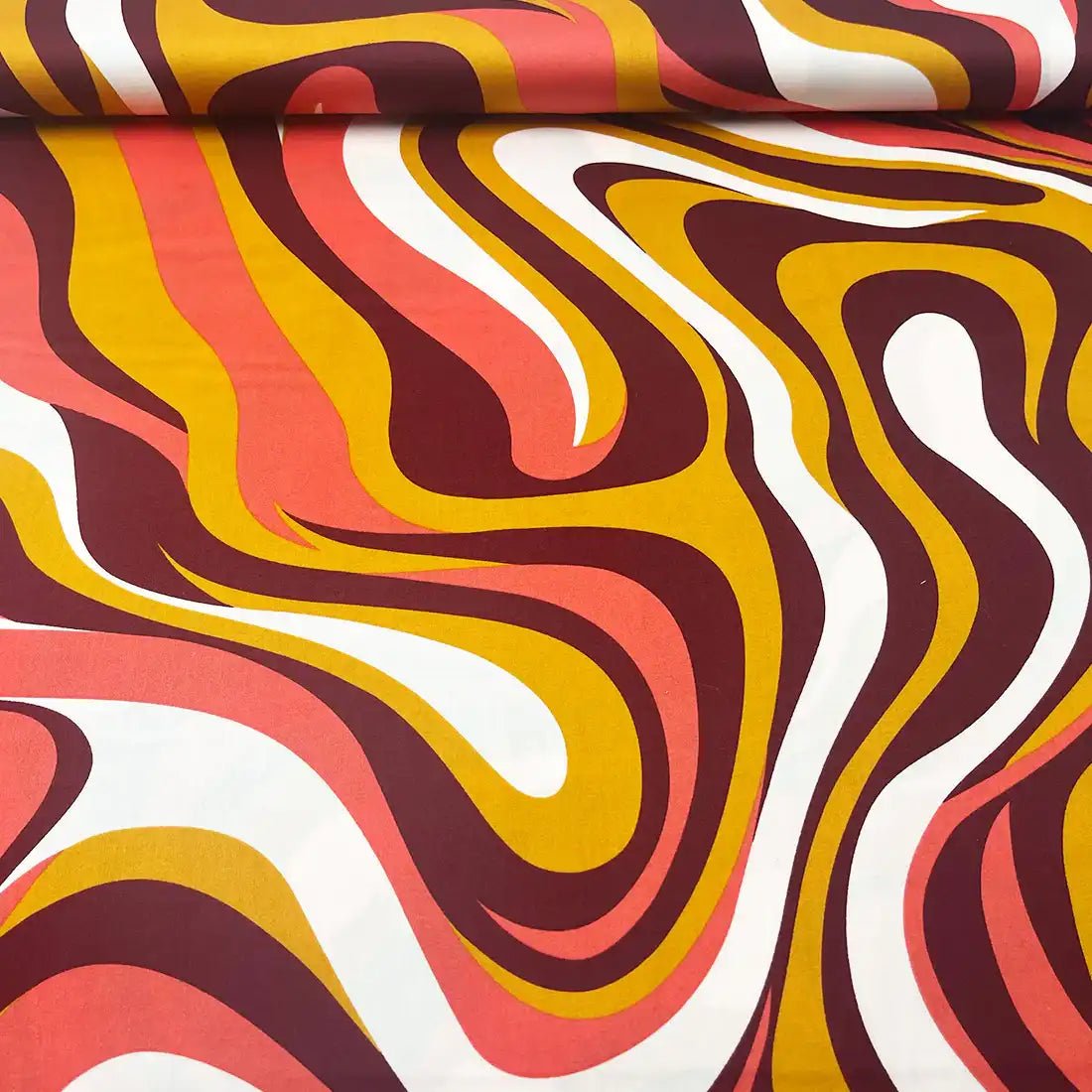 Tissu satin de coton "Vagues Chaleureuses" style seventies