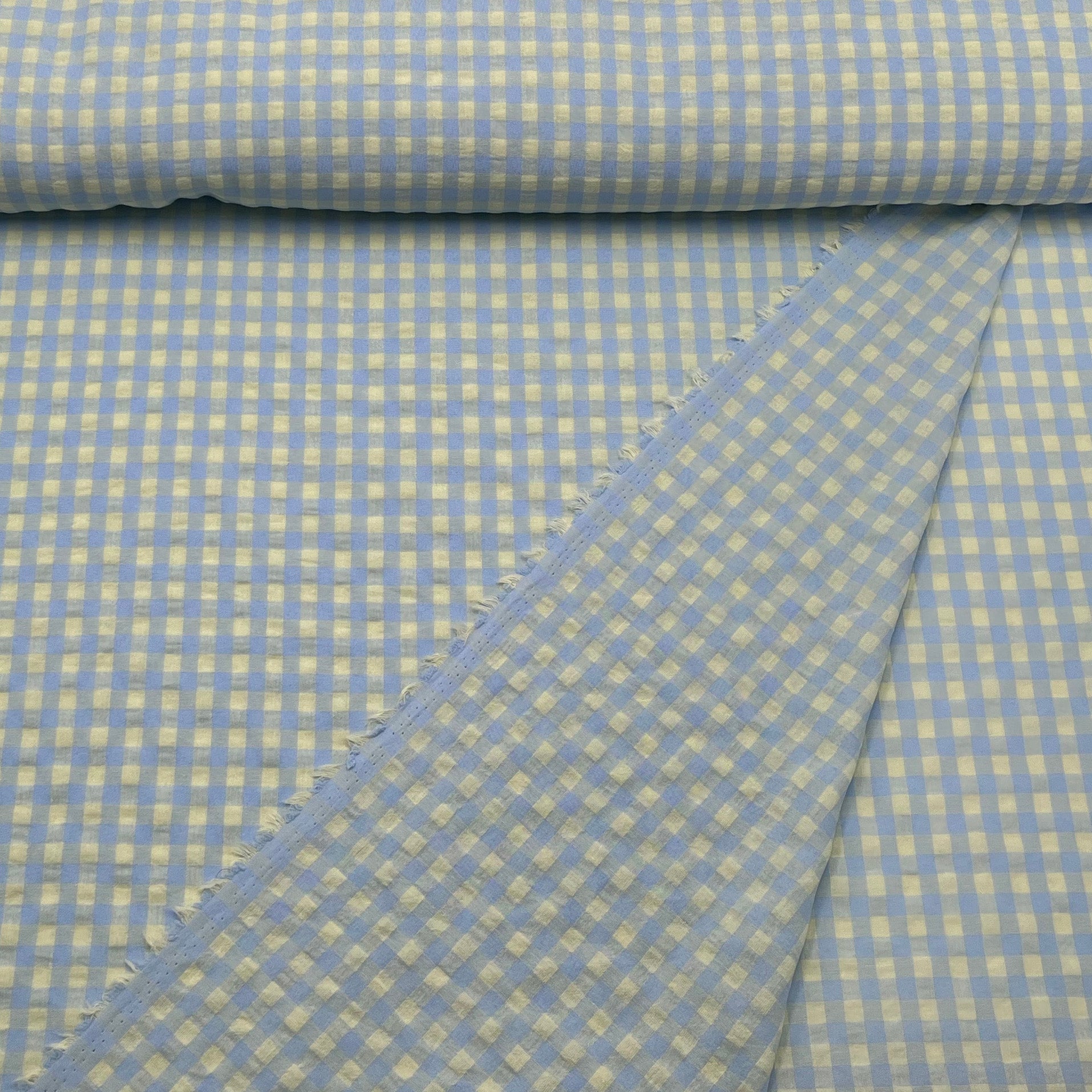 Tissu Seersucker carreaux bleu et vert