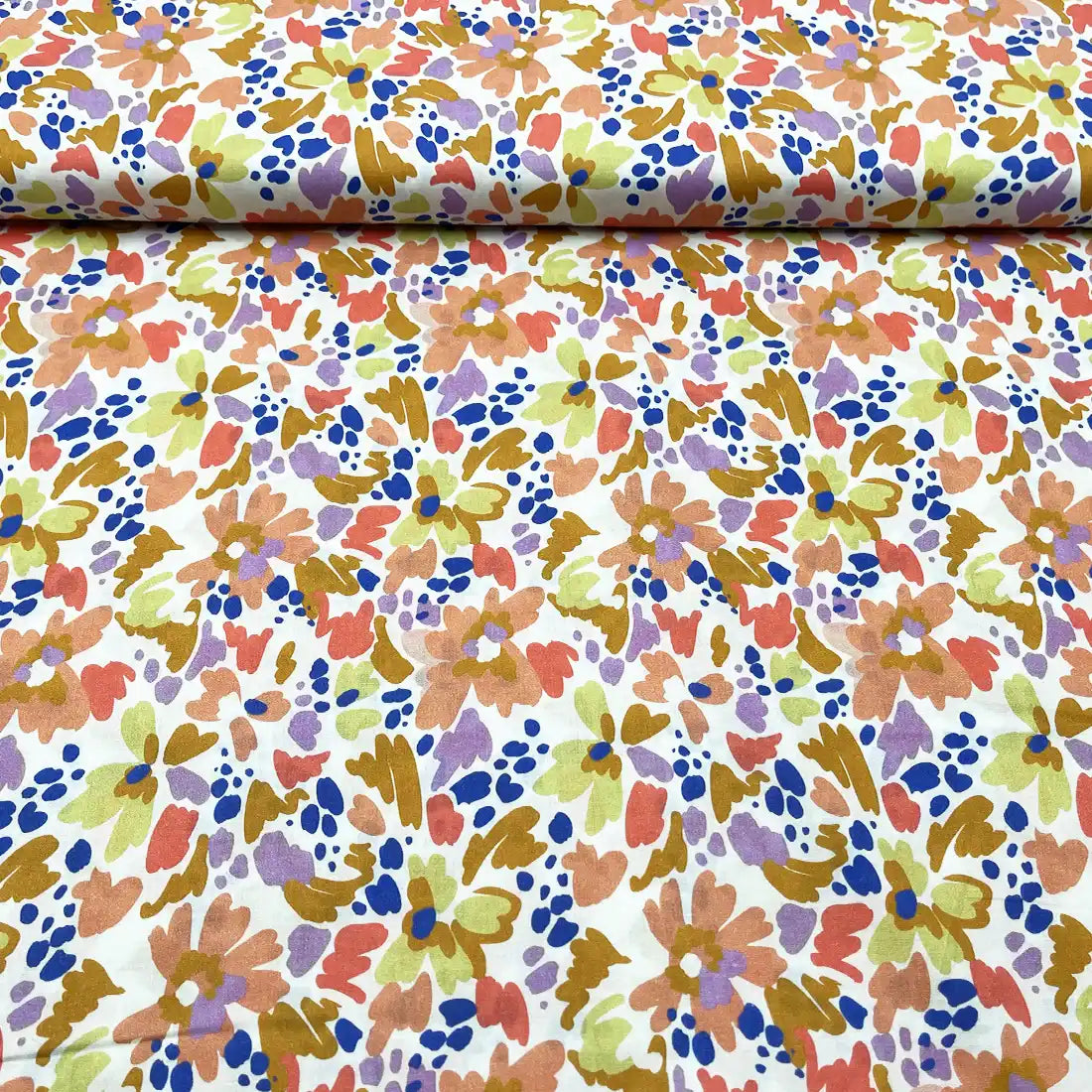 Tissu Liberty Moderne à Fleurs Abstraites Multicolores sur Fond Ivoire