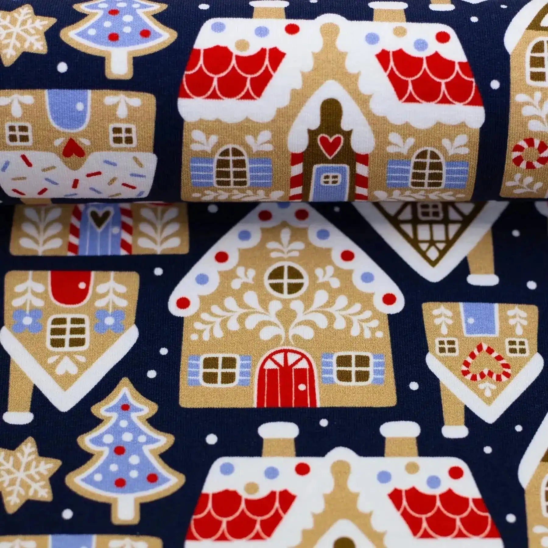 Tissu Sweat Festif Maison Pain d'Épice de Noël