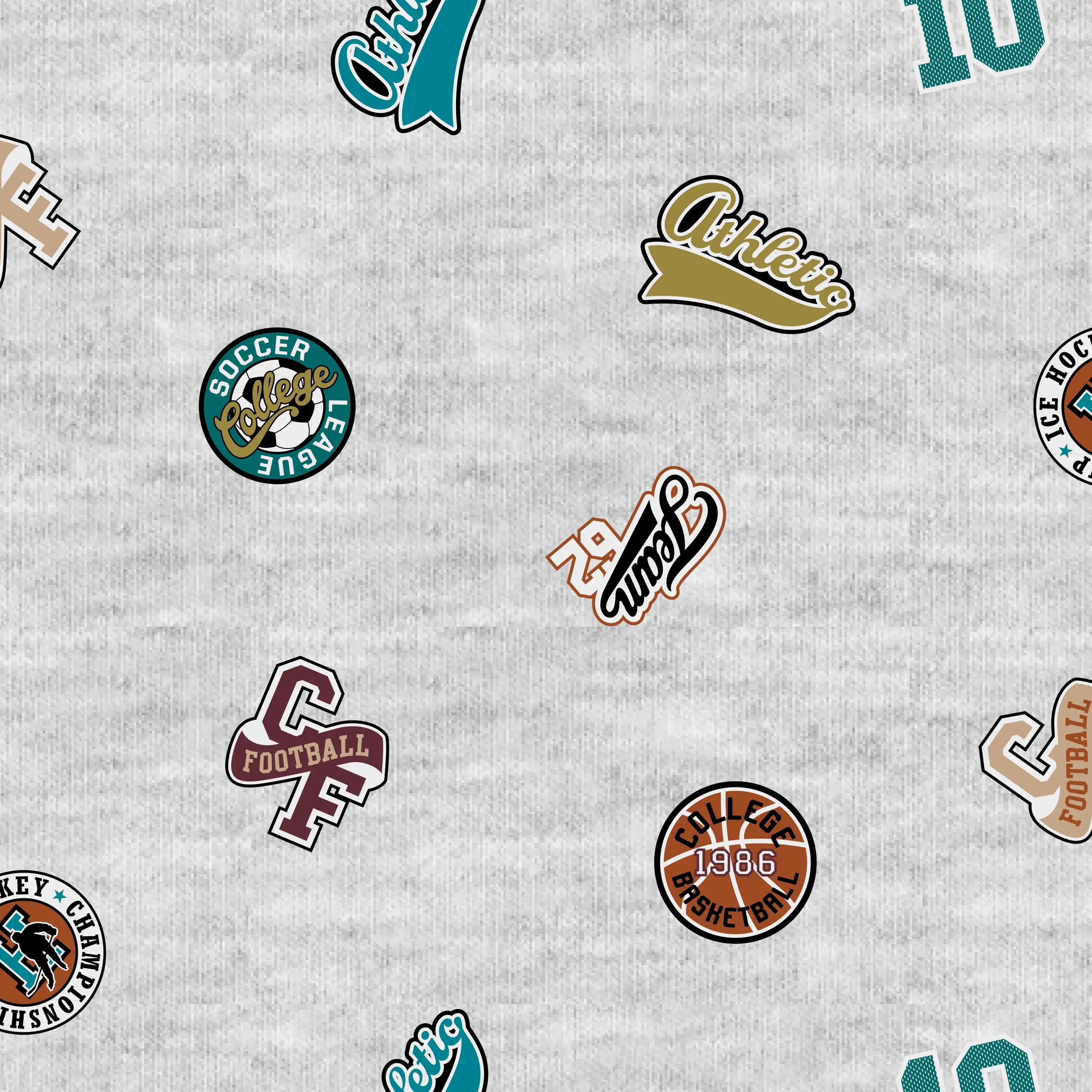 Tissu Sweat Molleton Gris Motifs Sport College