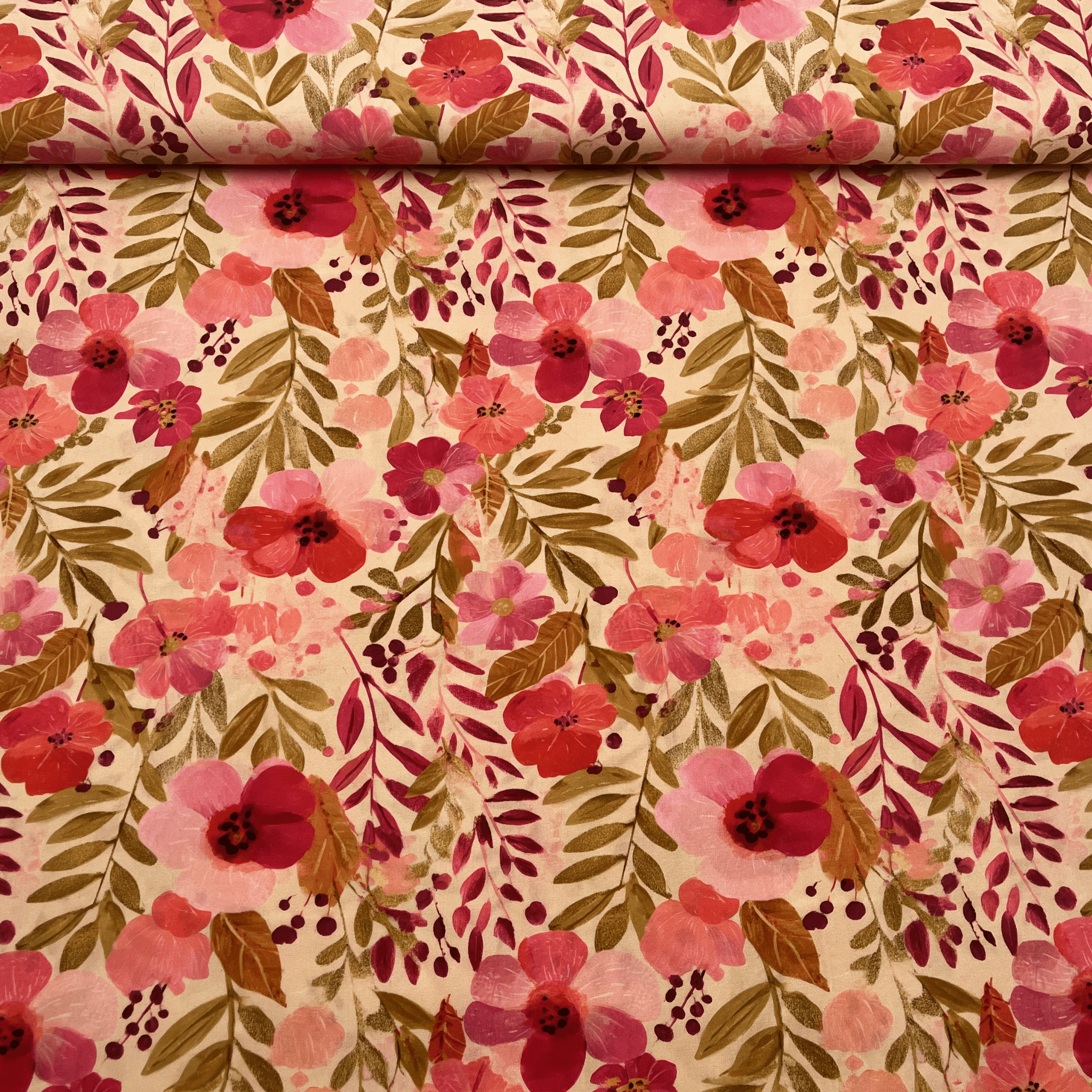 Tissu viscose fleurs bohème rouge