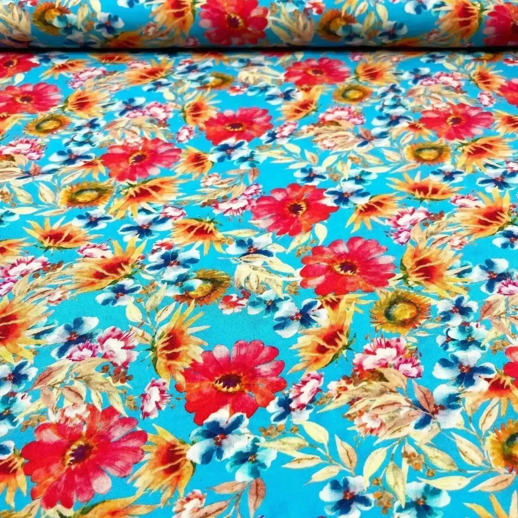 Tissu Viscose fleurs tournesol et marguerite