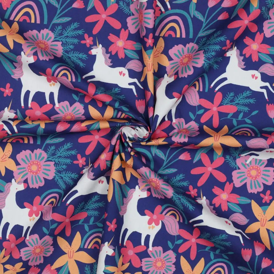 tissu - popeline - fleurs - licorne