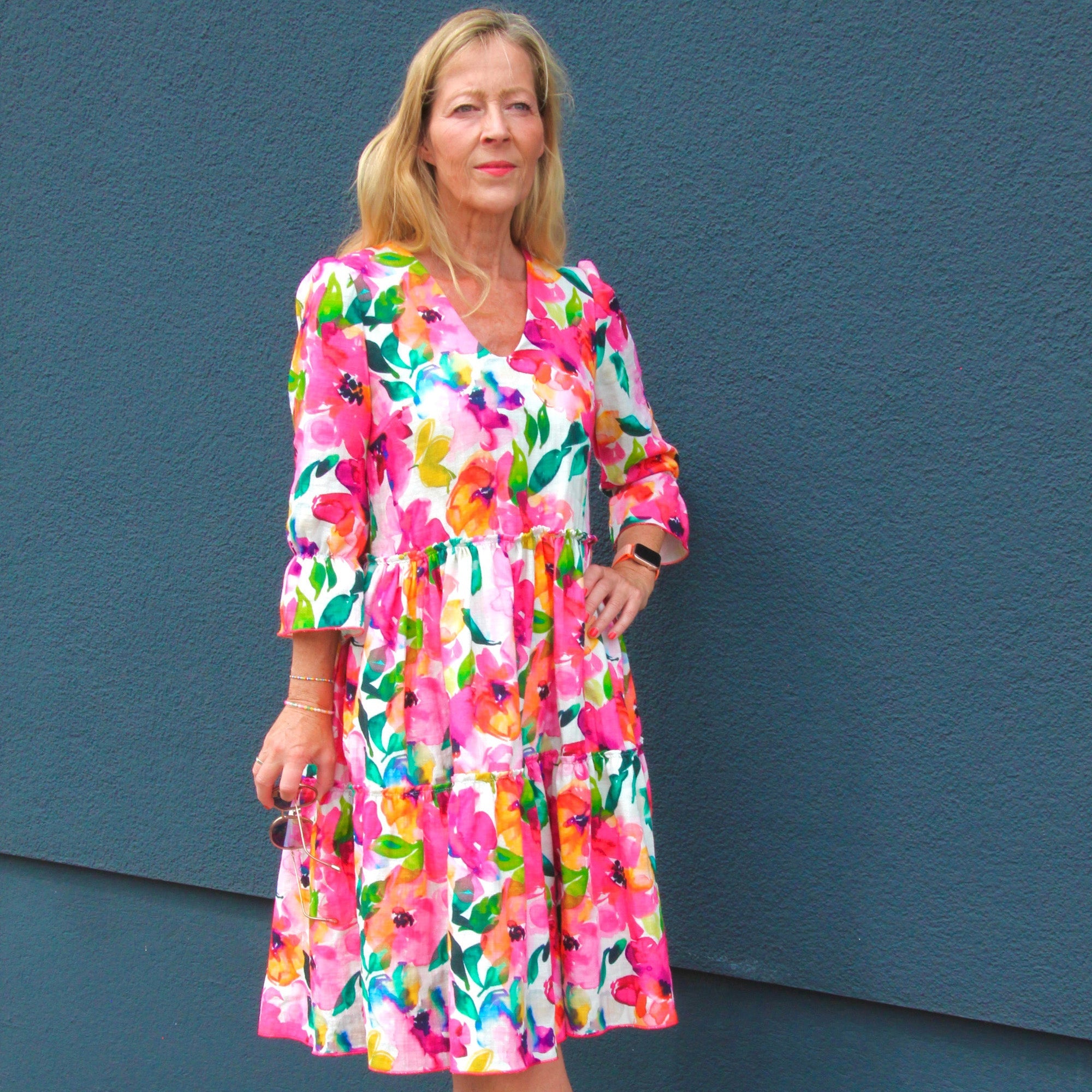 Tissus double gaze plat Fleurs rose aquarelle