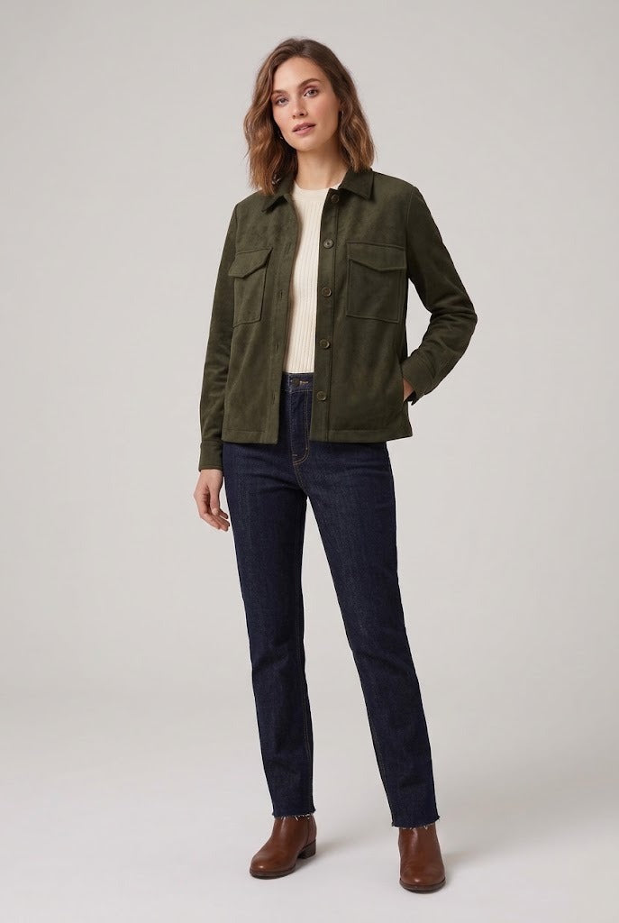 Veste surchemise en suédine stretch kaki foncé