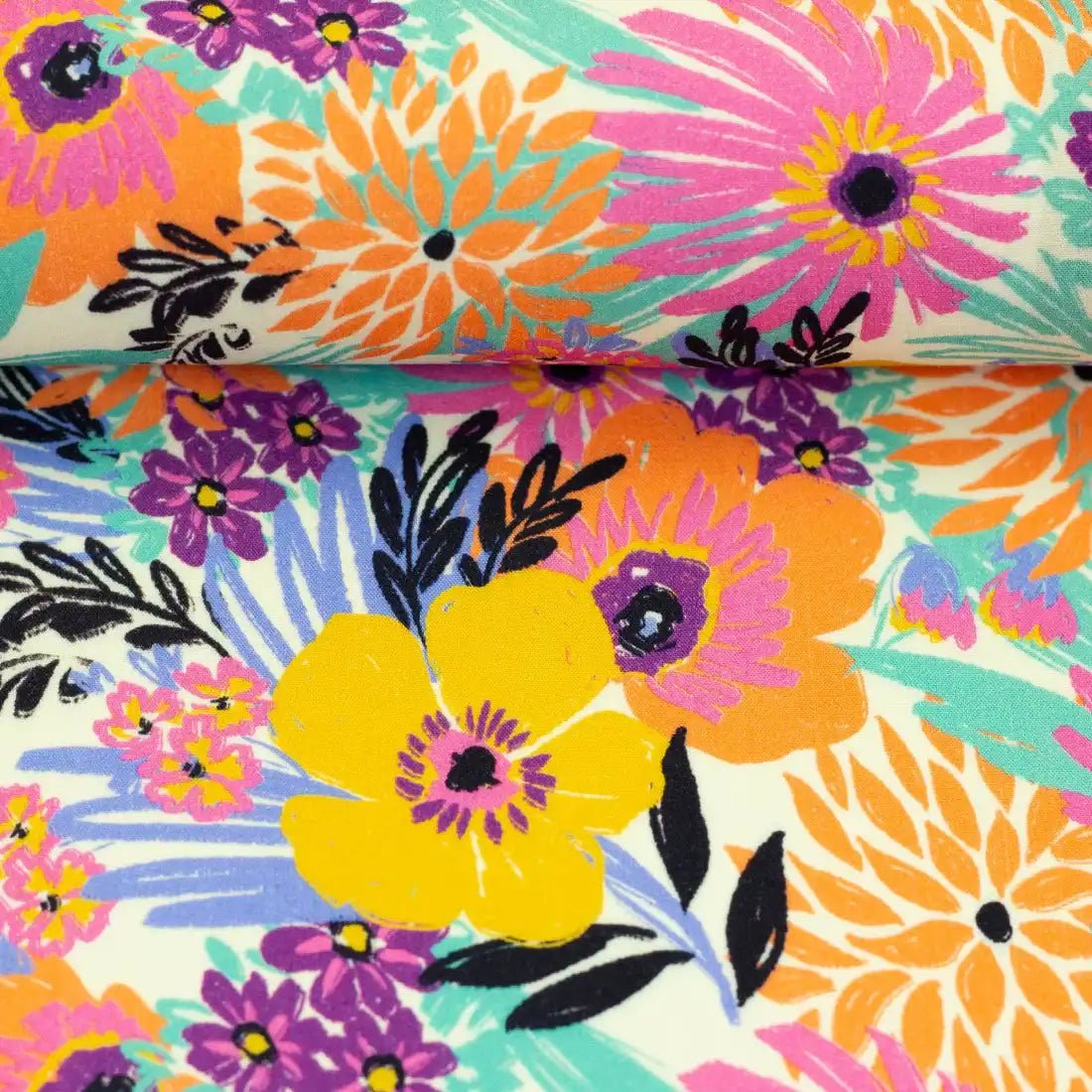 Viscose Fleurs Métropolitaines – Couleurs Éclatantes et Style Urbain