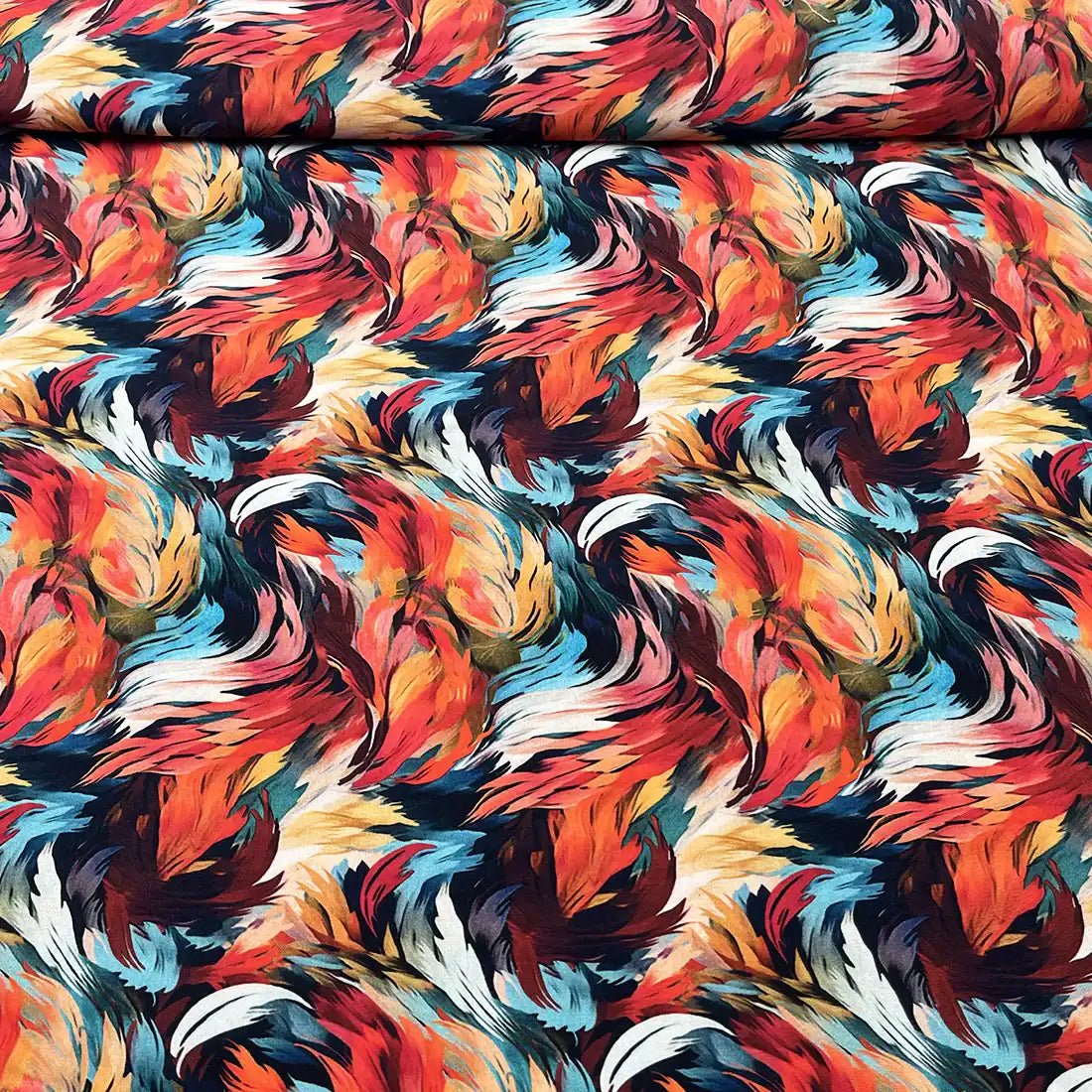 Viscose Plumes Flamboyantes Rouge Carmin et Bleu Pétrole