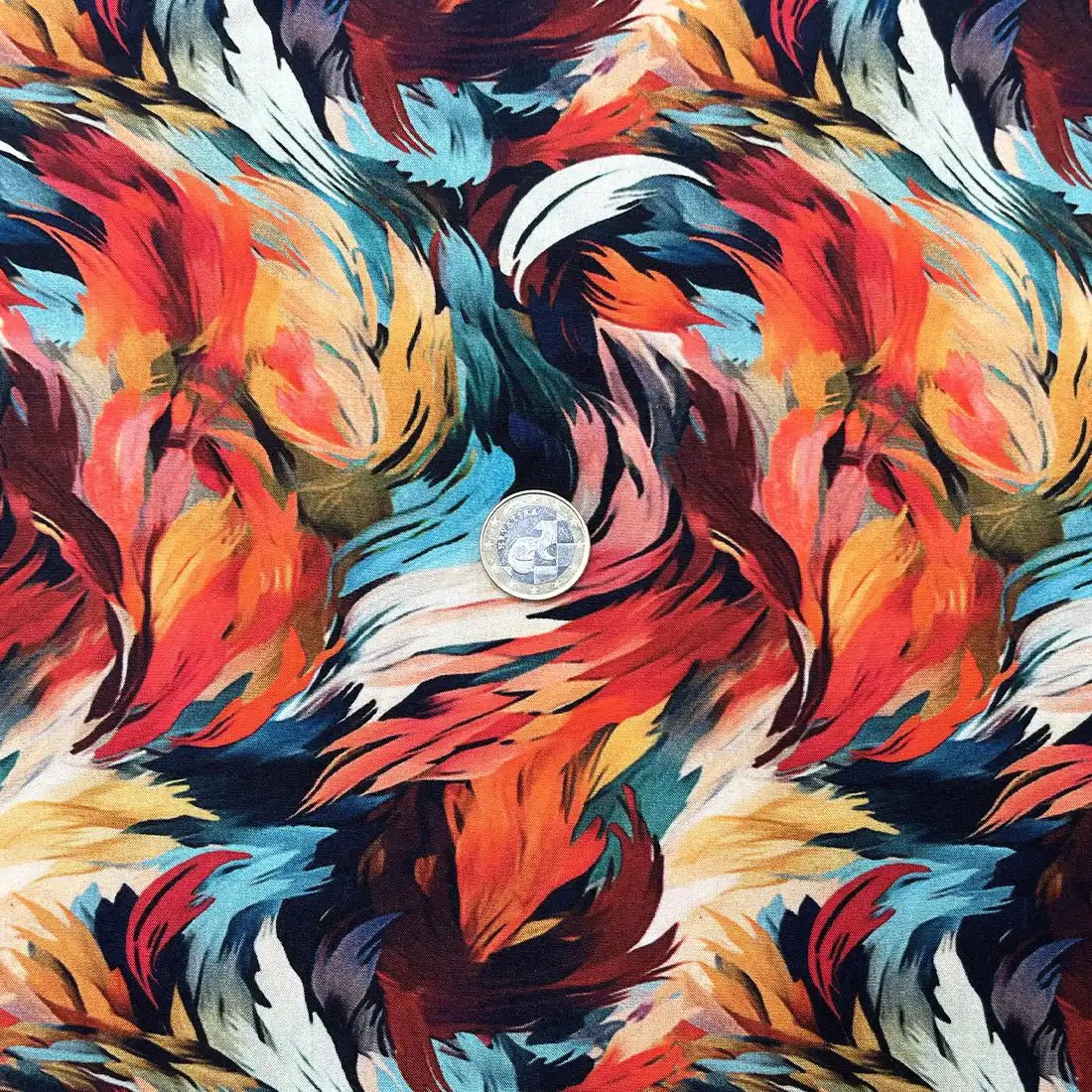 Viscose Plumes Flamboyantes Rouge Carmin et Bleu Pétrole