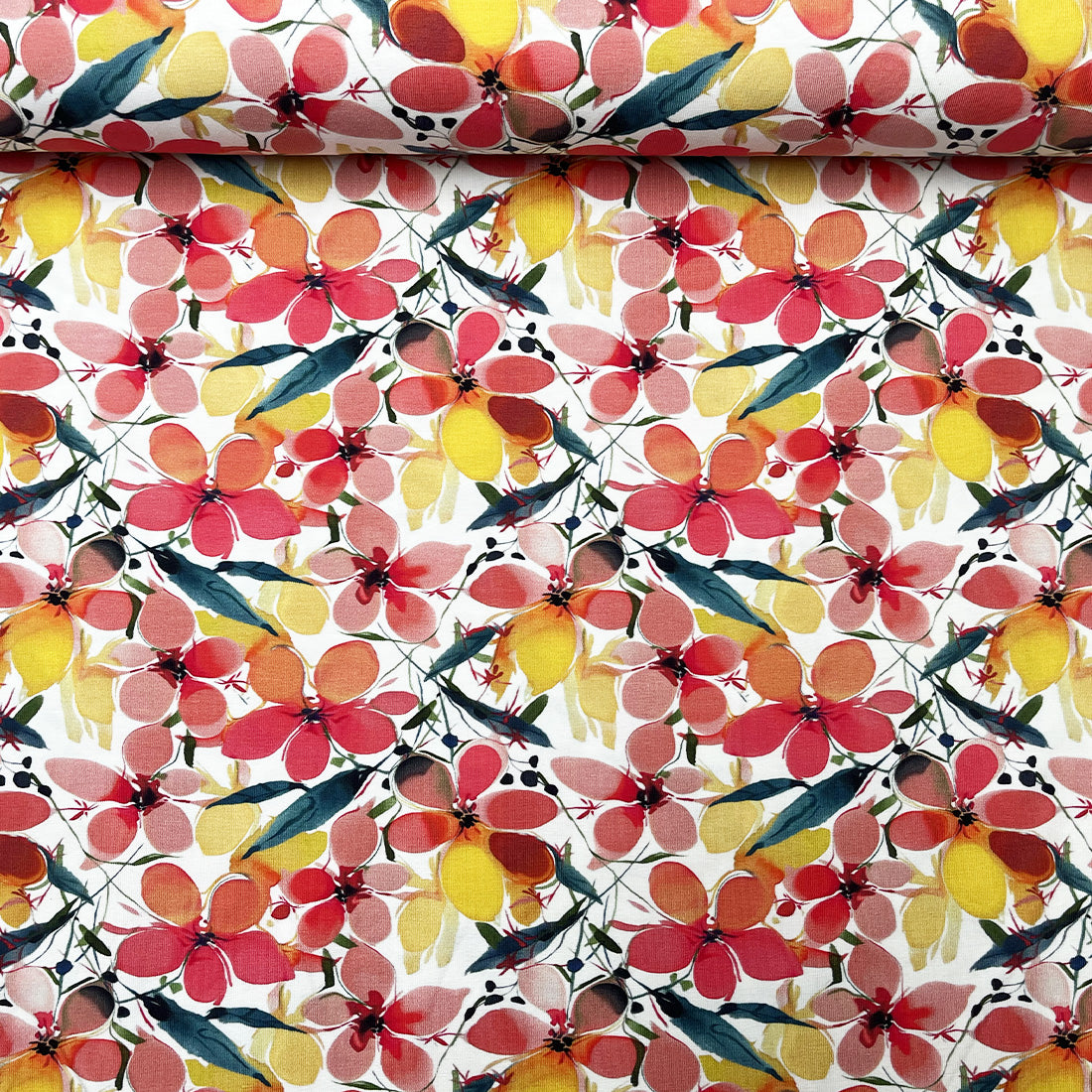 Jersey Punto fleuri tons chauds – Corail, jaune et feuillage