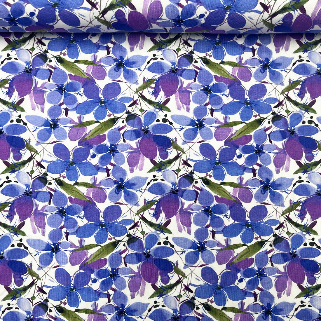Jersey Punto imprimé floral violet et bleu – Tissu élégant couture