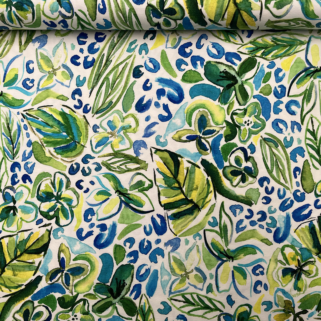 Jersey tropical floral vert-bleu fond blanc