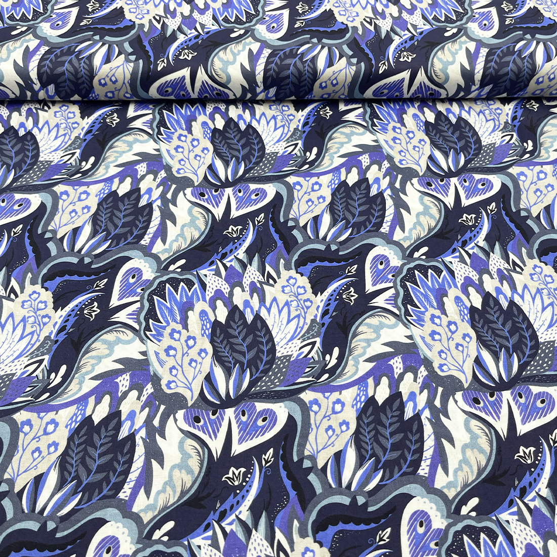Tissu Coton Liberty Bleu – Élégance Florale et Contraste Doux

