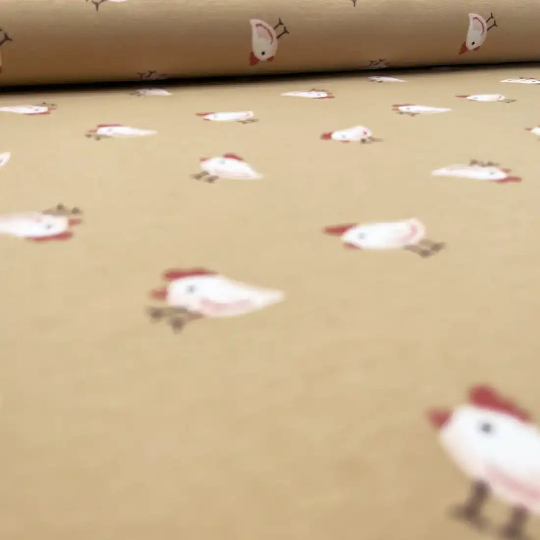 Tissu Jersey Mignon – Poules Colorées et Taupe Doux