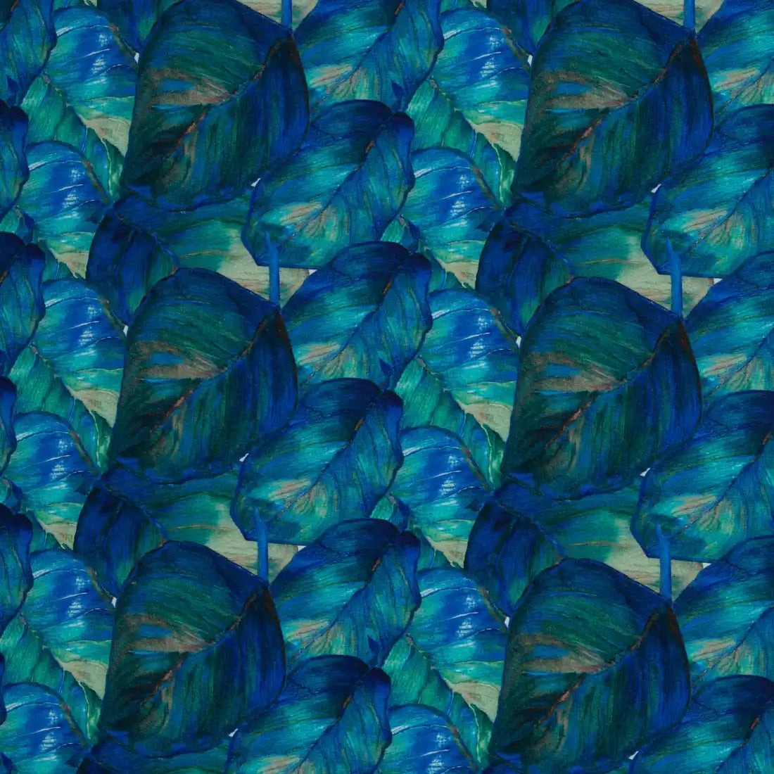 Tissu Jungle Nocturne – Jersey Coton aux Feuilles Bleues Émeraude