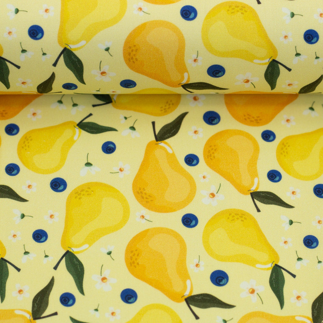 Tissu Poires Mûres – Fond Jaune Clair et Teintes Sucrées