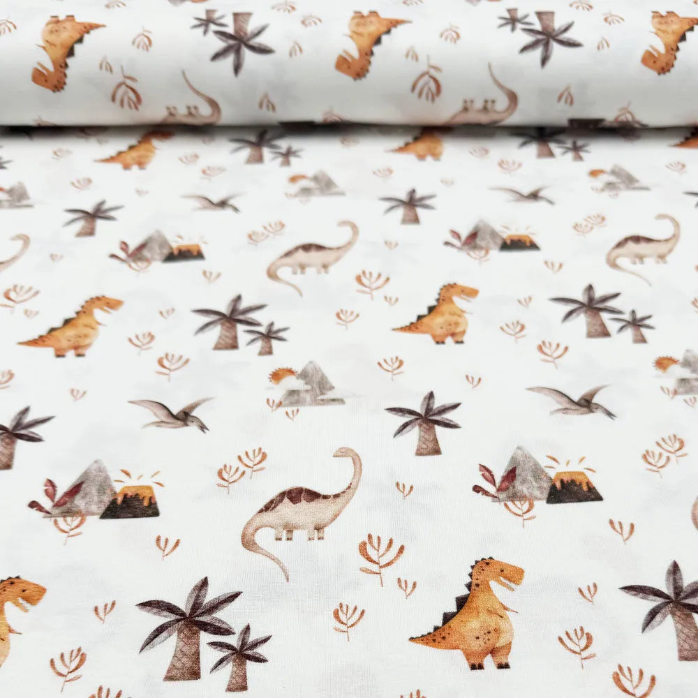 Tissu jersey de coton dinosaure et volcan