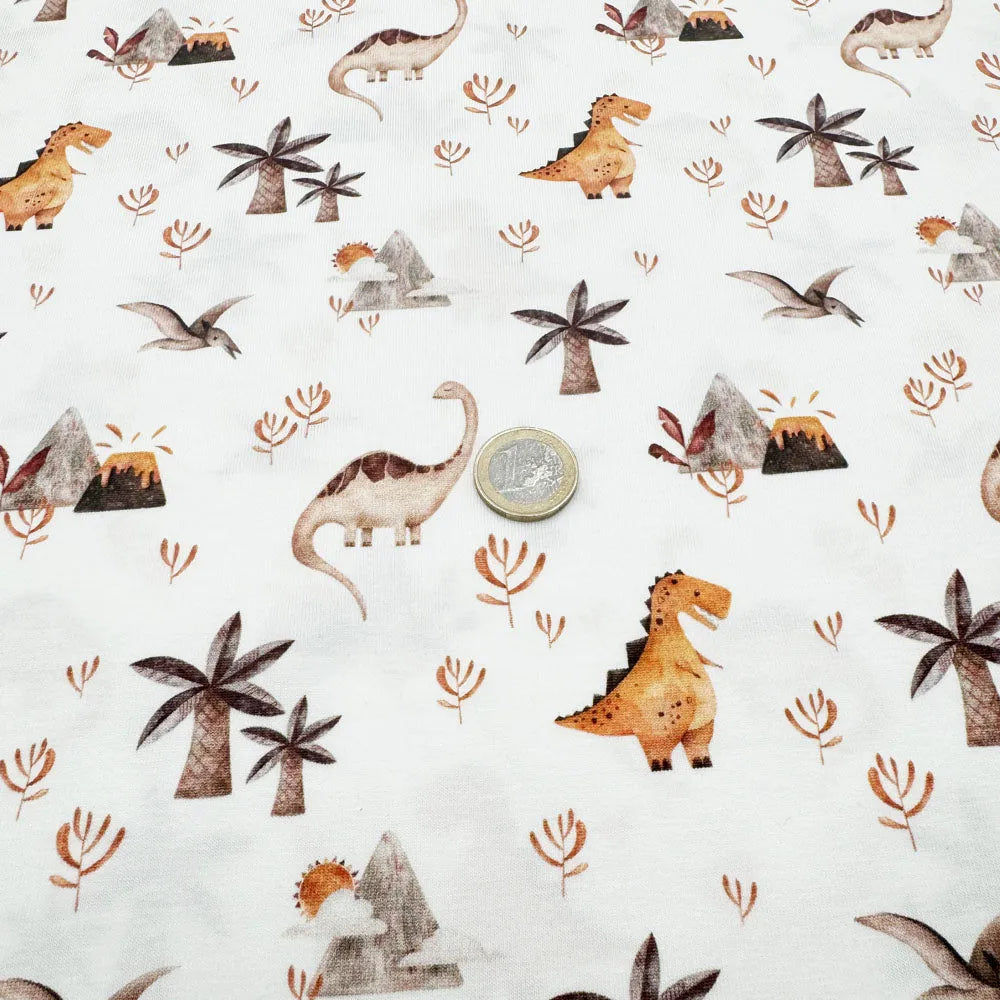 Tissu jersey de coton dinosaure et volcan