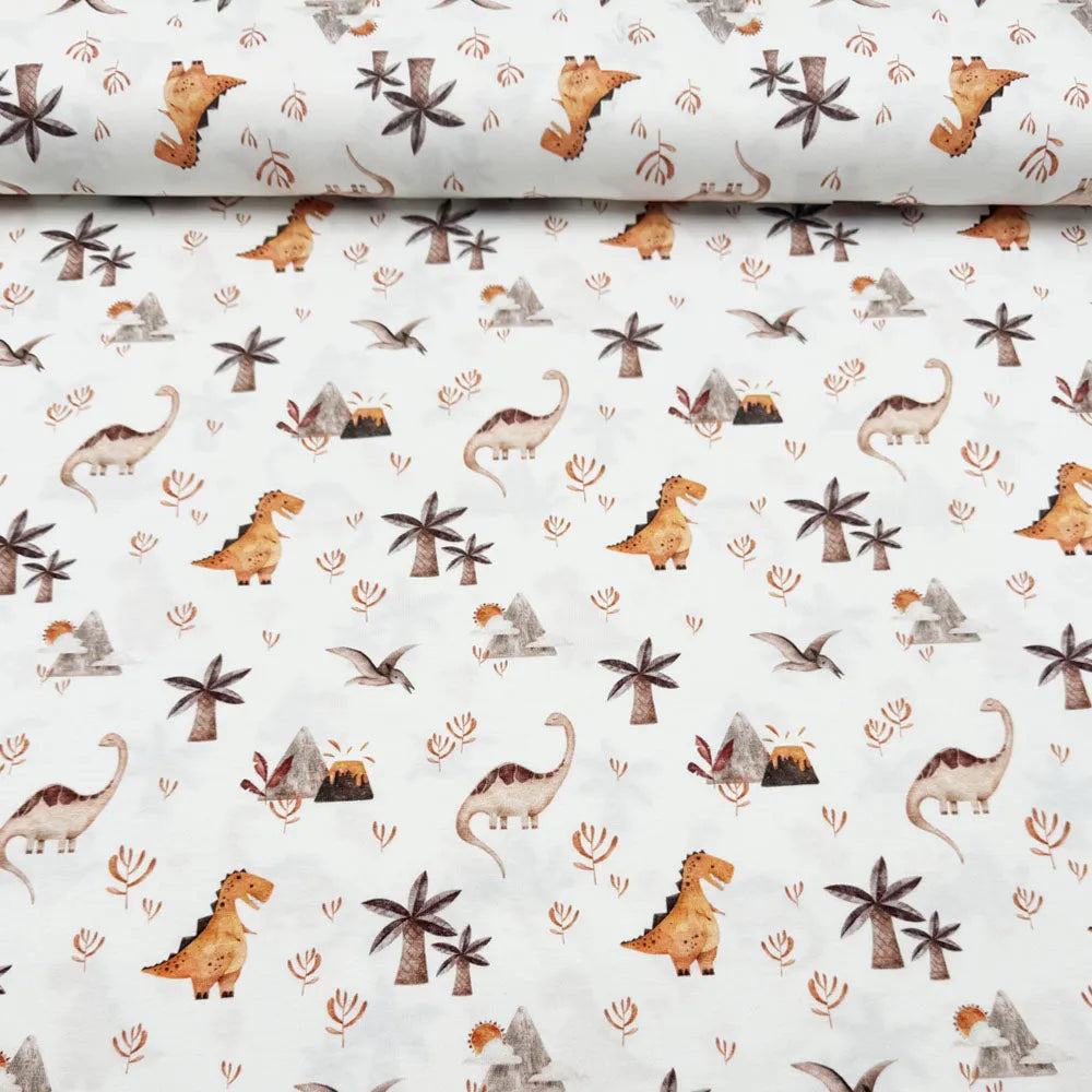 Tissu jersey de coton dinosaure et volcan