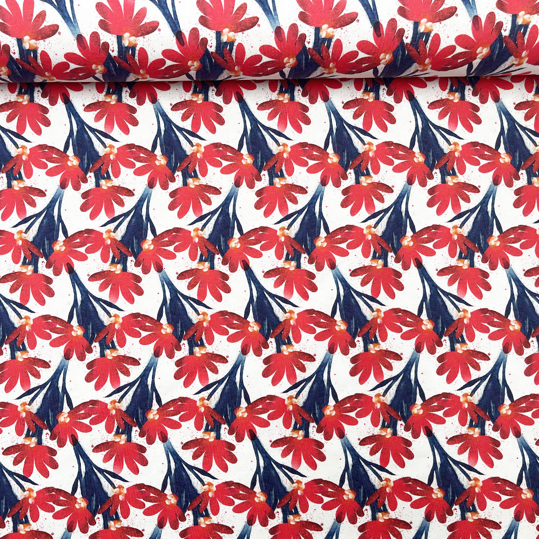 Tissu jersey floral rouge et bleu