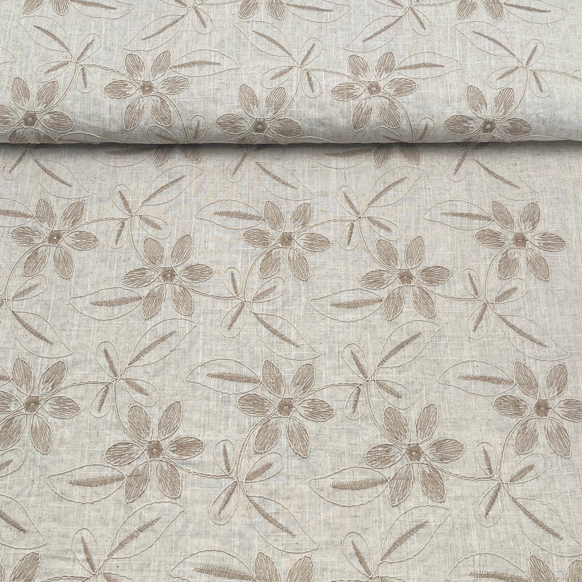Tissu lin viscose beige avec broderie fleurs
