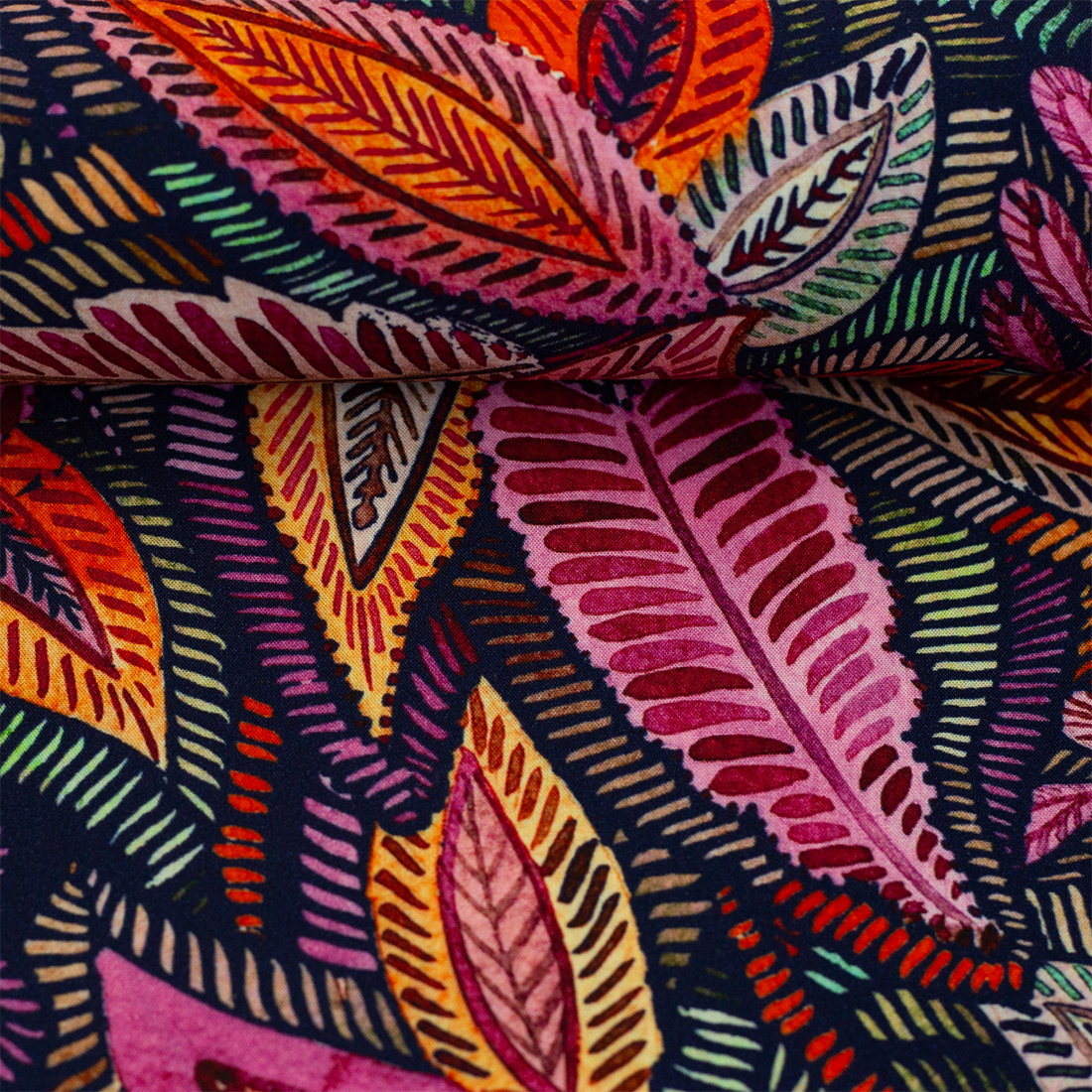 Tissu viscose imprimé bohème – Feuilles stylisées