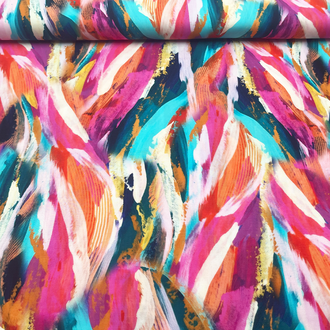 Tissu viscose imprimé plumes colorées – Style artistique et bohème