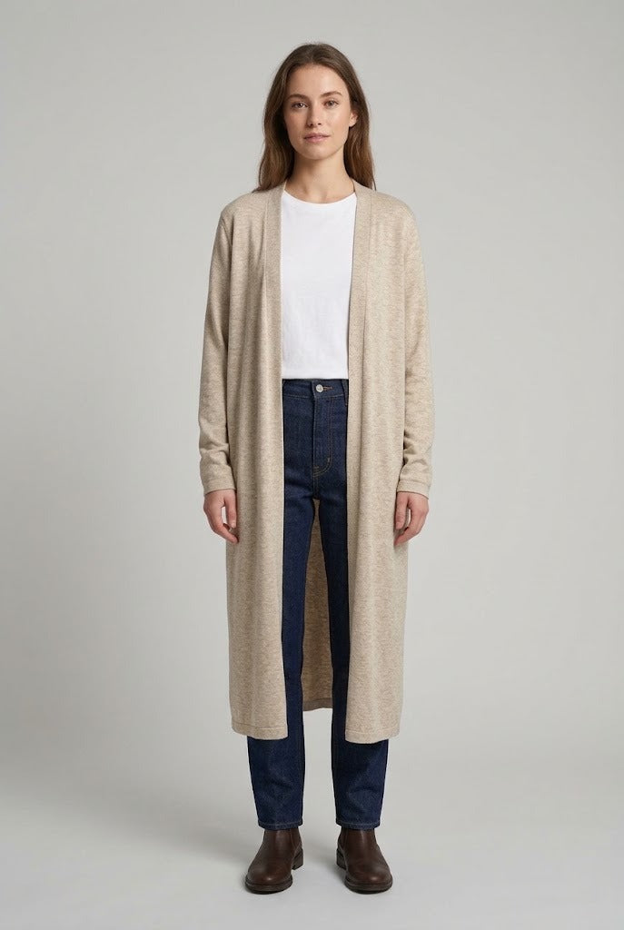 Gilet long en maille tricot beige chiné