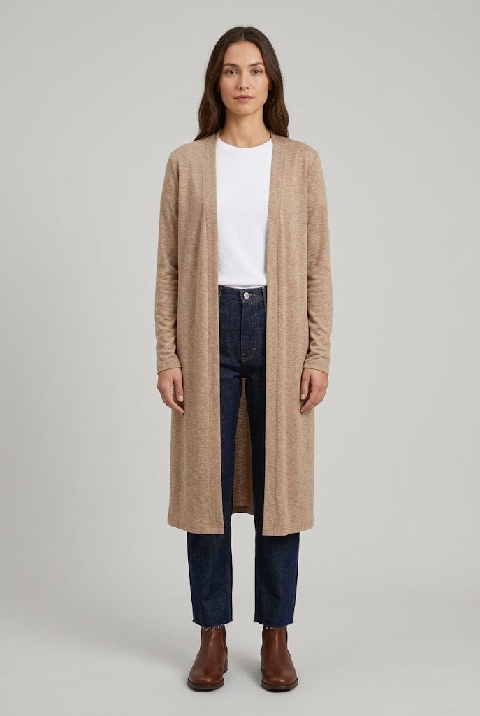 Long gilet en maille tricot noisette chiné