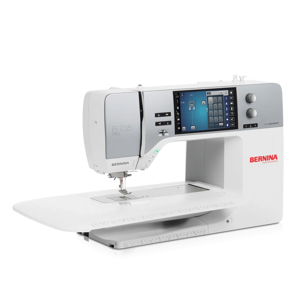 Machine à coudre et à broder BERNINA 735 PRO — vue trois quarts, avec table rallonge